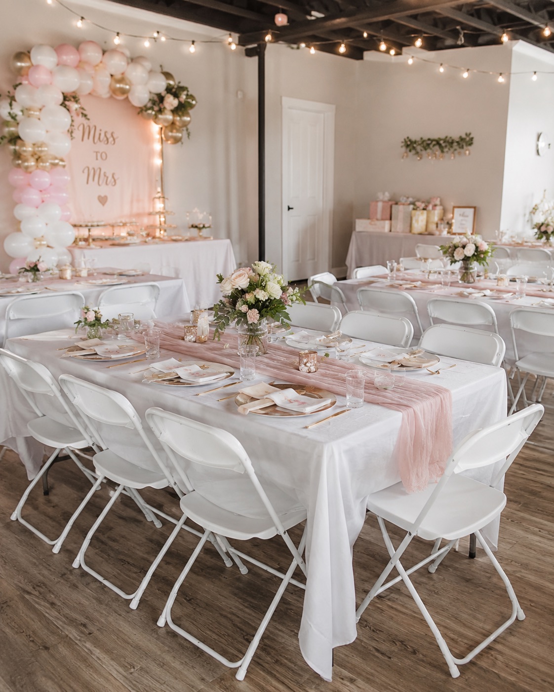 Six-foot rectangular tables arranged for a bridal shower with white folding chairs and pink table decor