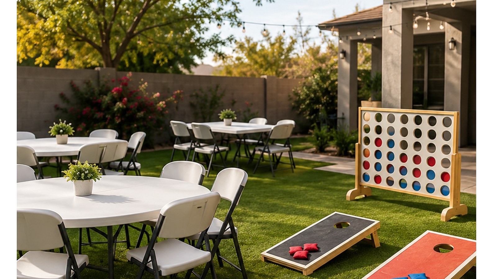 Round white event tables with white folding chairs in an East Valley backyard setup