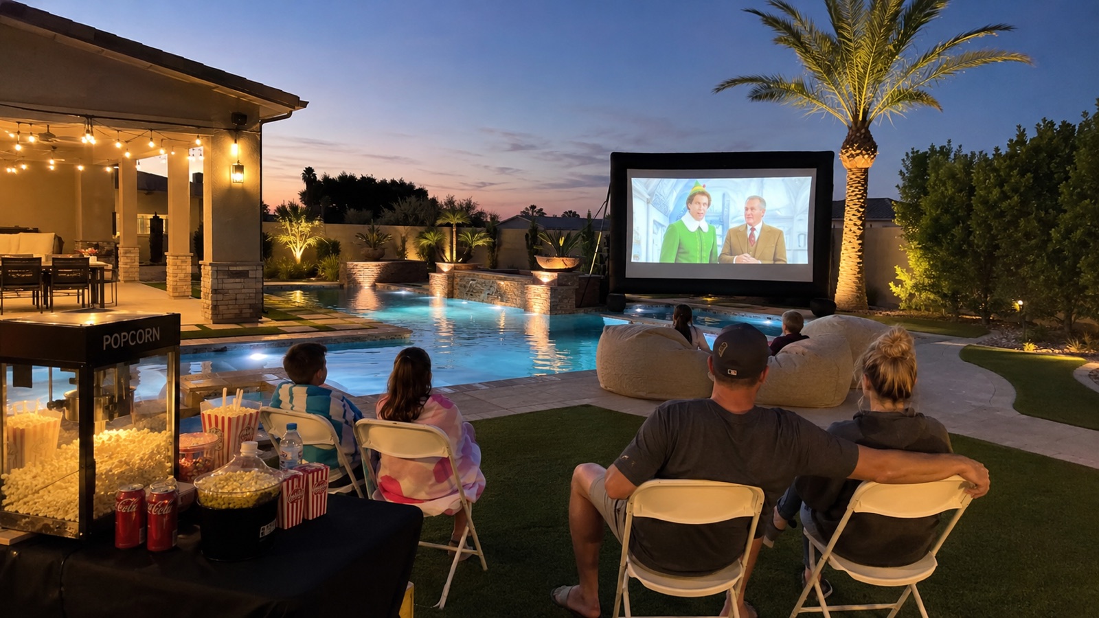 Family enjoying a poolside backyard movie night in Mesa, Arizona with an inflatable screen, white folding chairs, popcorn, and landscape lighting