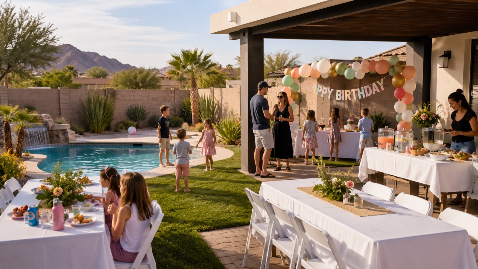 Arizona backyard birthday party with guest tables, white resin chairs, a balloon arch, food and drink stations, and children playing near a pool