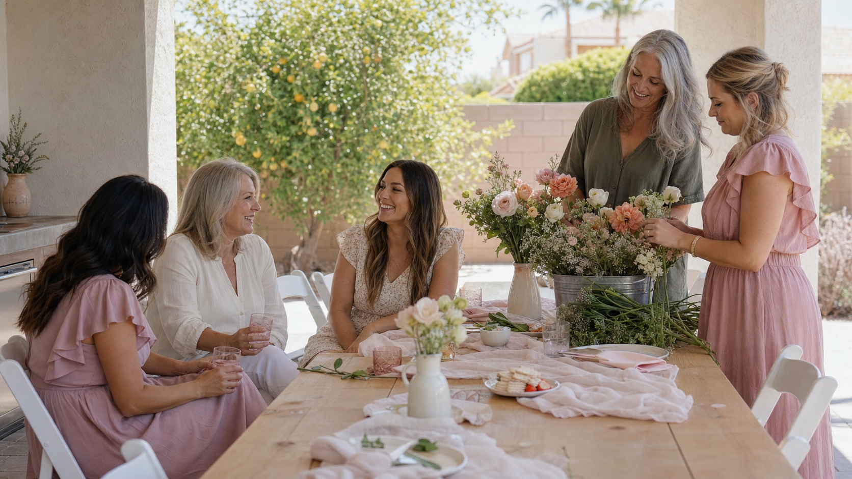Relaxed bridal shower guests arranging flowers and talking around a bright patio table in an East Valley Arizona home