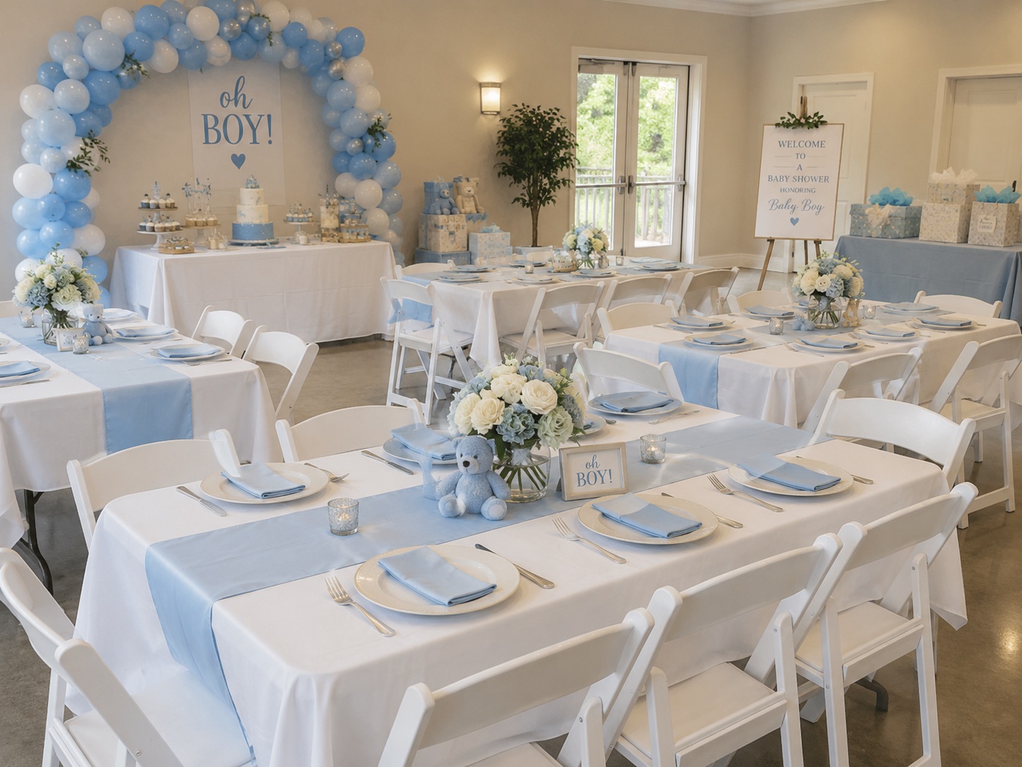 Blue and white baby shower table setup with white resin chairs