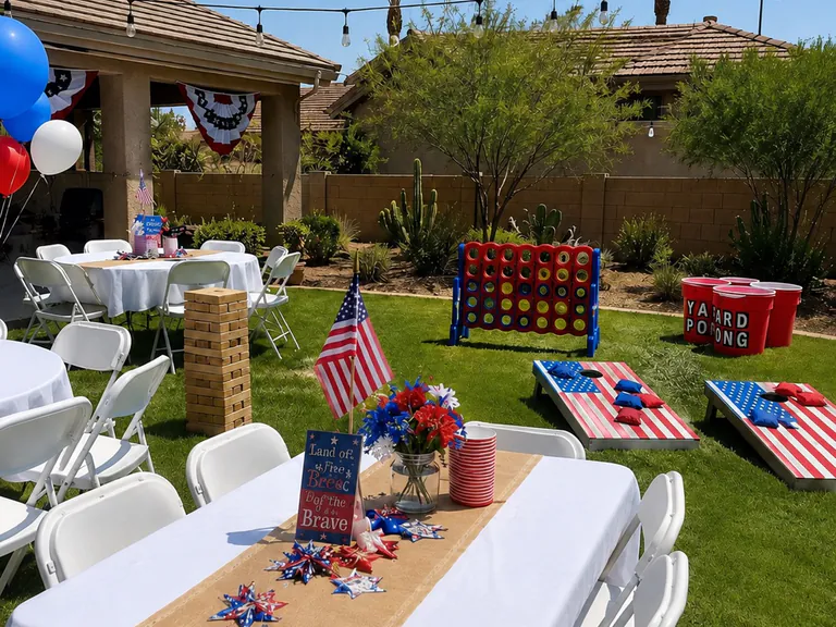 Fourth of July backyard party setup with tables, white folding chairs, giant yard games, and patriotic decorations