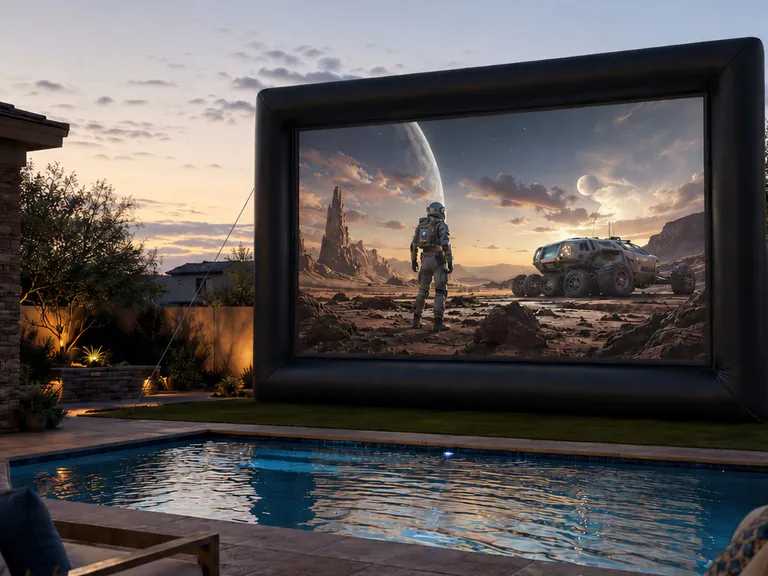 Backyard movie night rental setup with a 24 foot inflatable screen, projector, speakers, and poolside seating