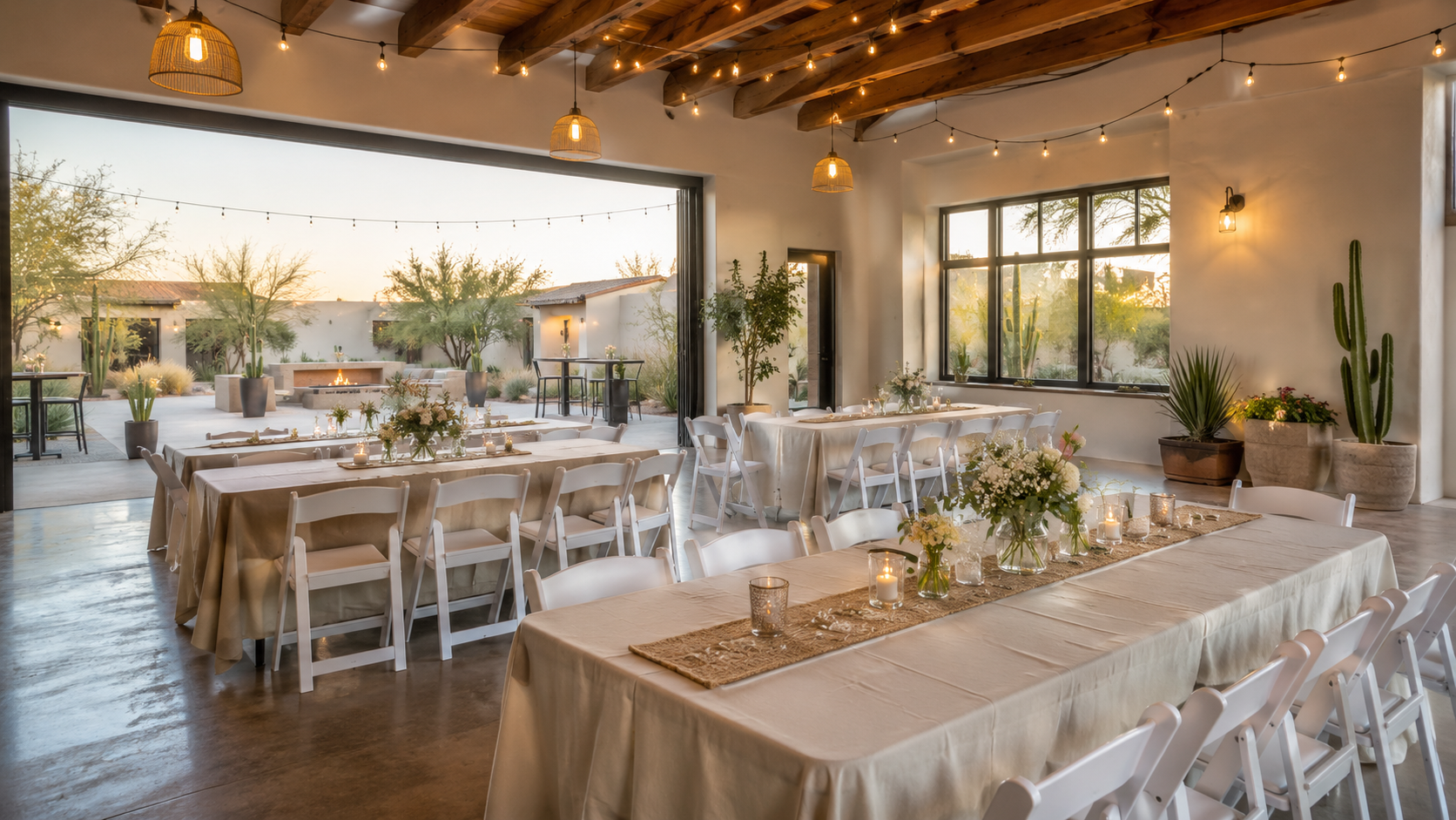 Indoor and outdoor East Valley event venue setup with white resin chairs, tables, floral centerpieces, and string lights