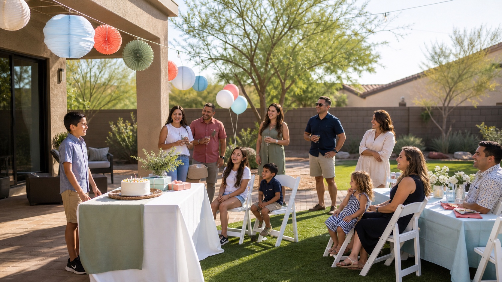 Family celebrating a child’s birthday around a cake table in a bright East Valley Arizona backyard