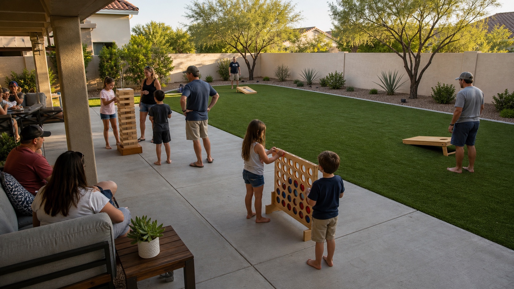 Mixed-age family and friends using three well-spaced giant yard game stations at a shaded East Valley Arizona backyard party