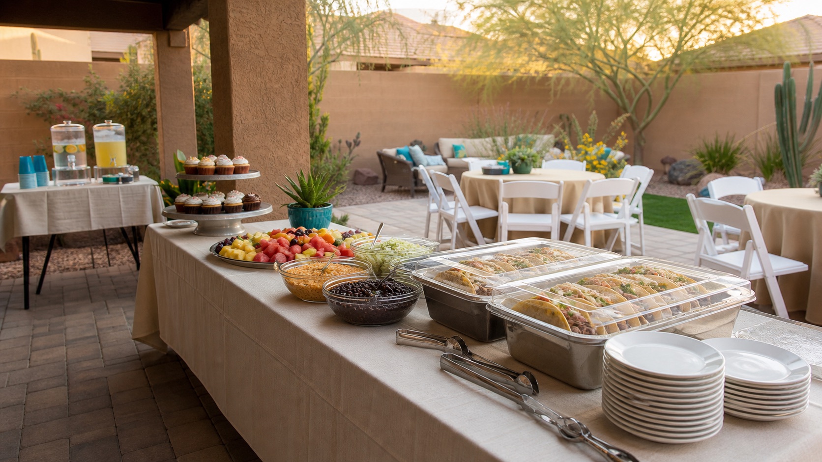 Arizona backyard party buffet with tacos, side dishes, drinks, and white party seating at golden hour