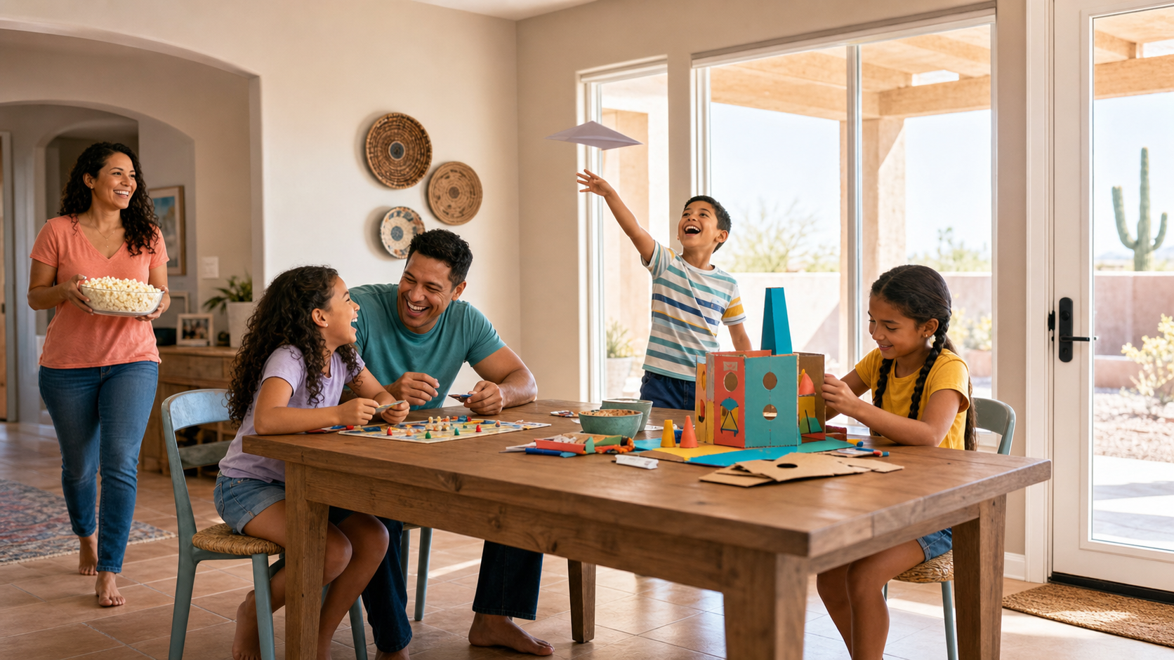 Arizona family with elementary-age children building and playing together inside a bright home while a sunlit desert patio is visible beyond the windows